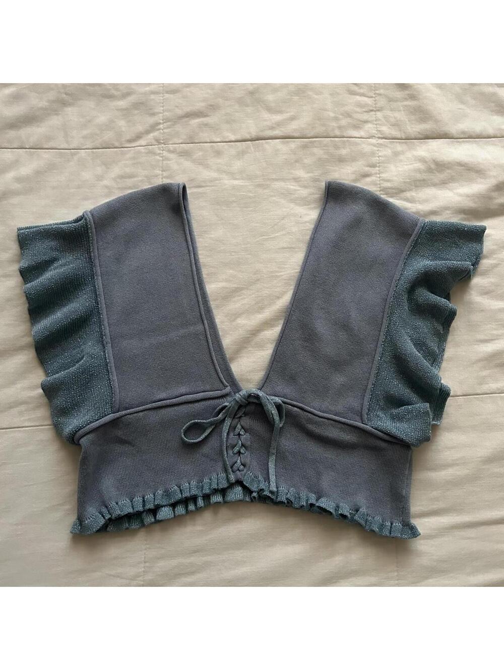 Axes Femme Blue Ruffle Lace Up Corset Tie Overlay Vest Medium